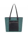 Moderní velká kabelka shopperka, zelená, v dvoubarevném kontrastním designu, vyrobená z kvalitní syntetické kůže a textilní tkaniny. Velká kabelka pro každý den.