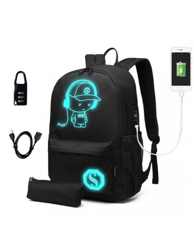 Kono černý svítící školní batoh s USB Senkey 6879 - 24L E6879_BK